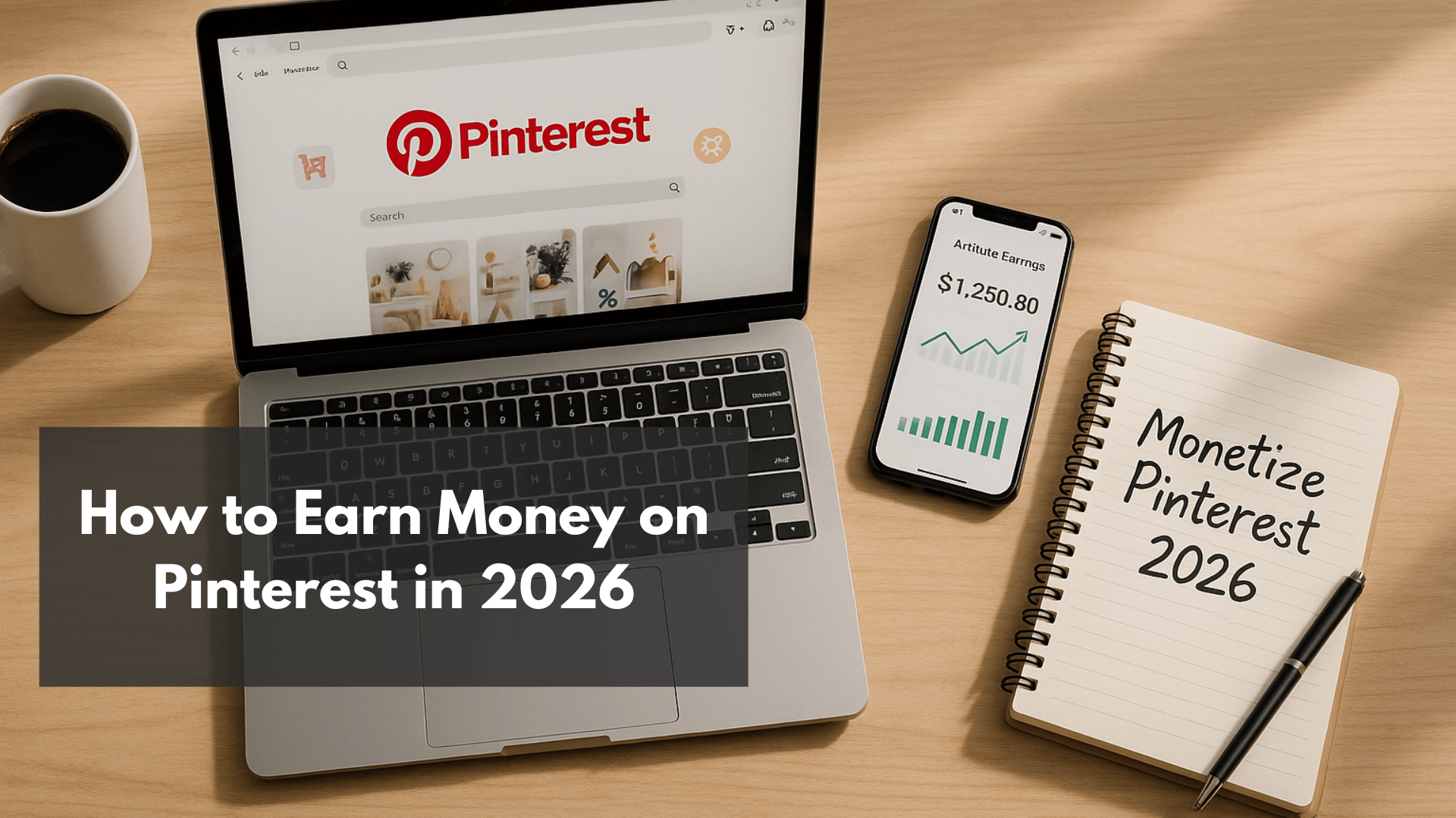 Desk setup with a laptop showing Pinterest, a smartphone displaying earnings of $1,250.80, and a notebook labeled 'Monetize Pinterest 2026' — concept of using Pinterest for online income.