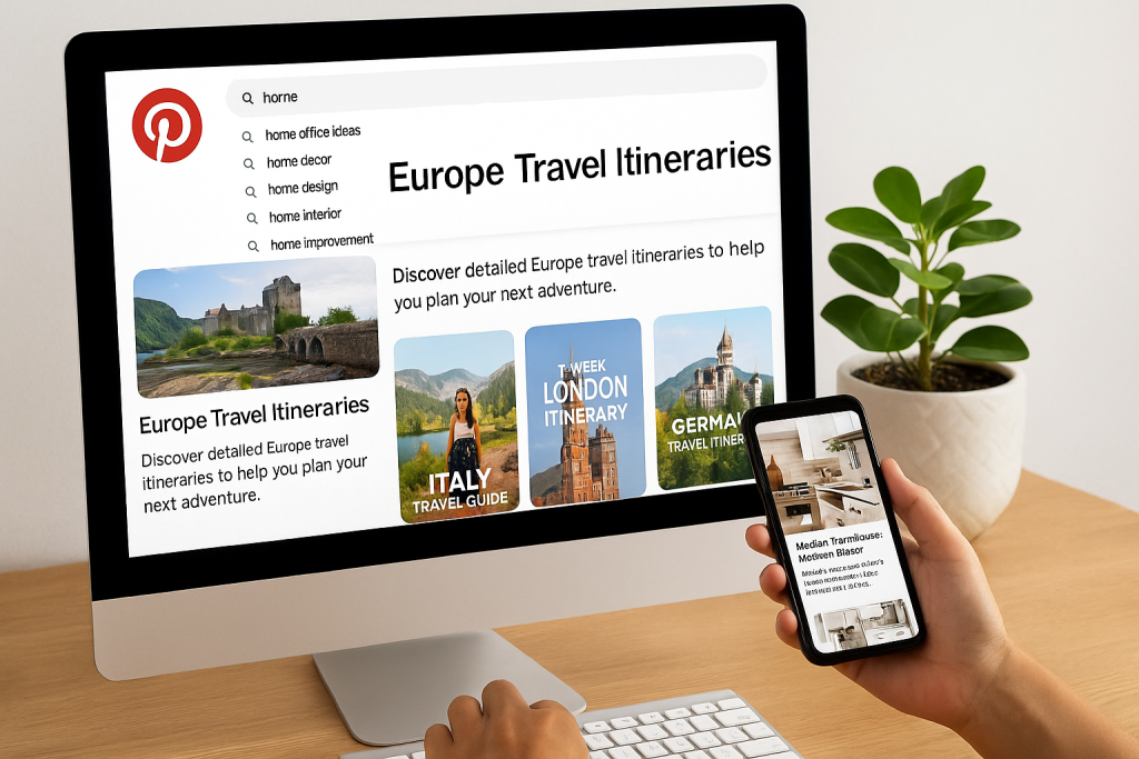 Person researching Pinterest board names on a laptop for SEO strategy.