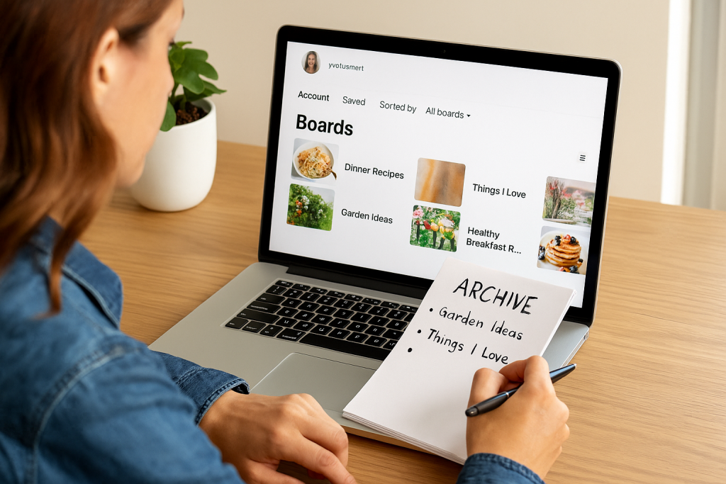 Woman organizing Pinterest boards on laptop while reviewing handwritten archive list.