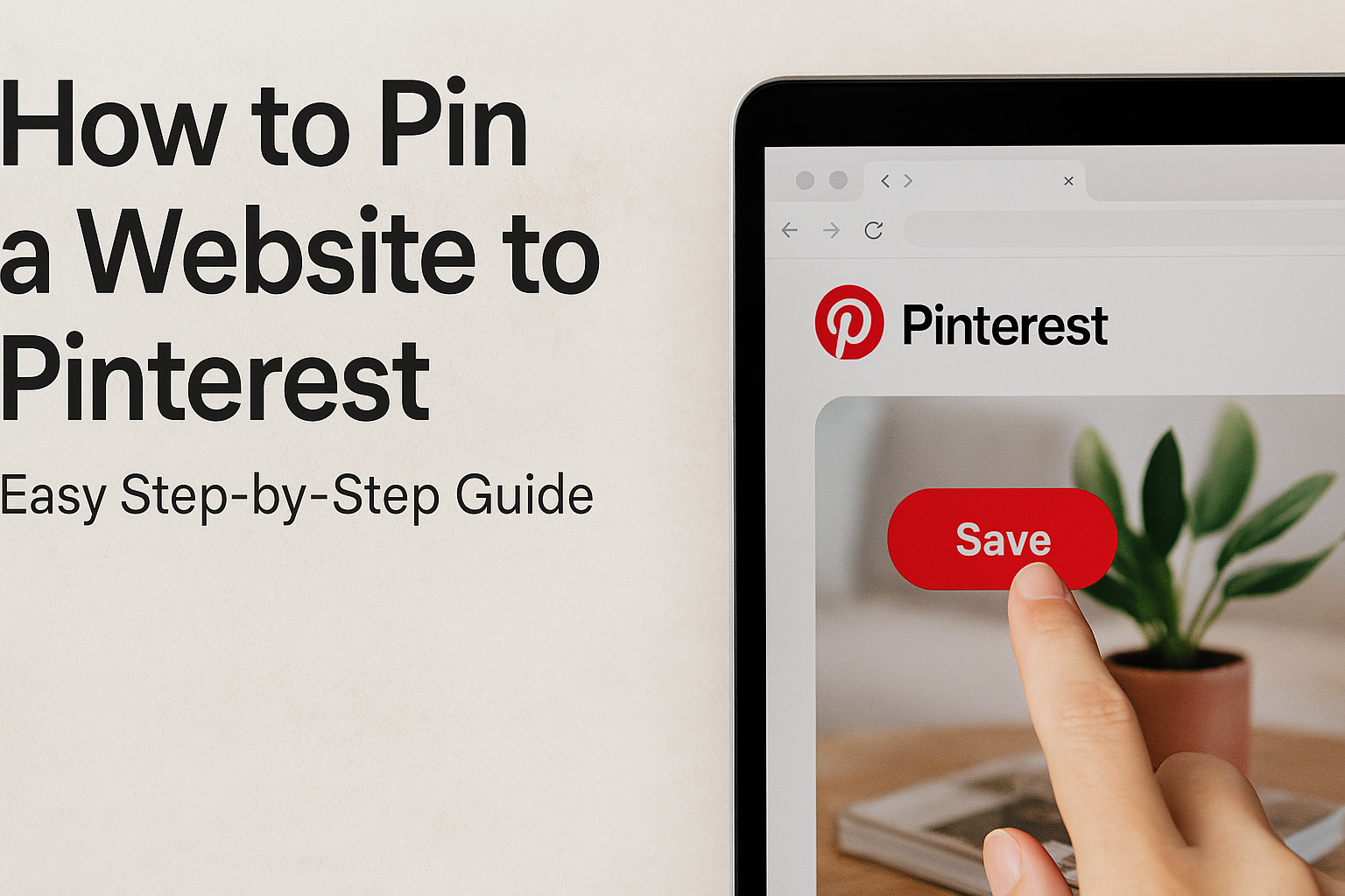 Hand clicking Pinterest save button on laptop screen to pin a website.