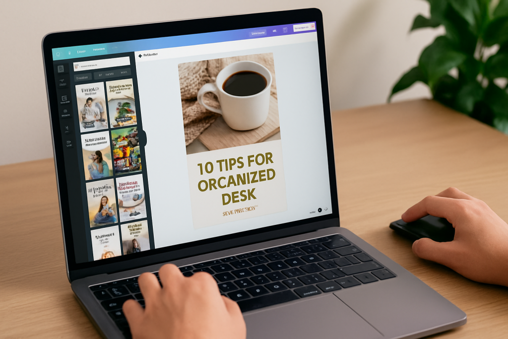 Person creating a custom Pinterest image on a laptop for a webpage with no pinnable visuals.