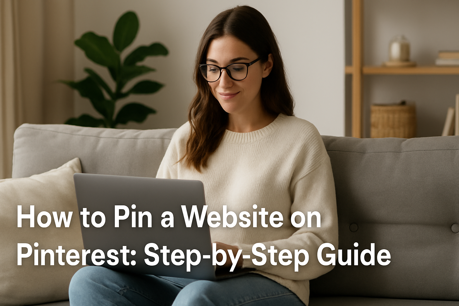 Woman sitting on sofa with laptop, creating a Pinterest pin for a website.