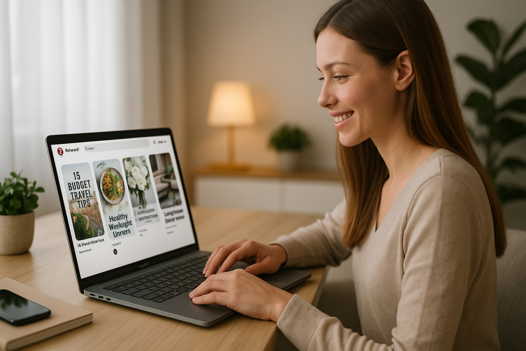 Woman using Pinterest on laptop at home to browse visual content for planning and inspiration.