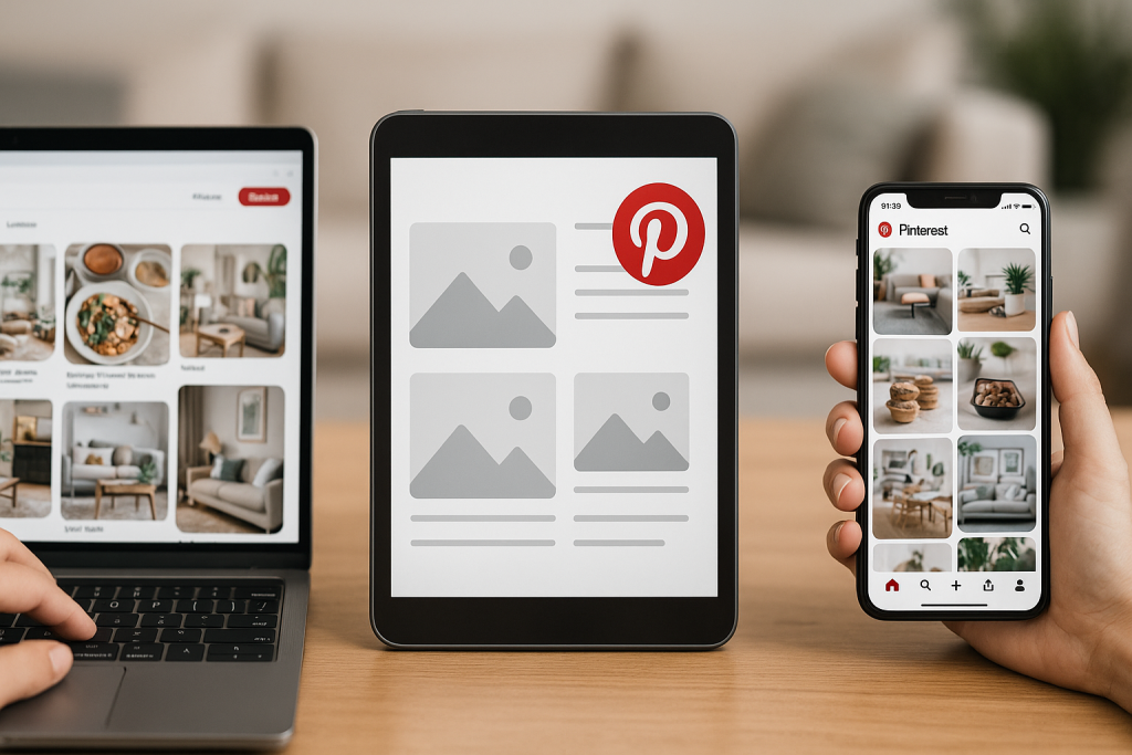 Pinterest displayed on laptop, tablet, and smartphone, showing various user interface views on each device.
