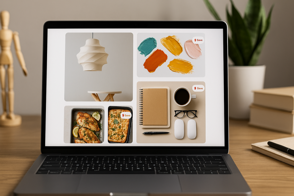 A realistic laptop on a wooden desk displays Pinterest pins for lighting, paint swatches, food, and office setup, with books and a plant in the background.