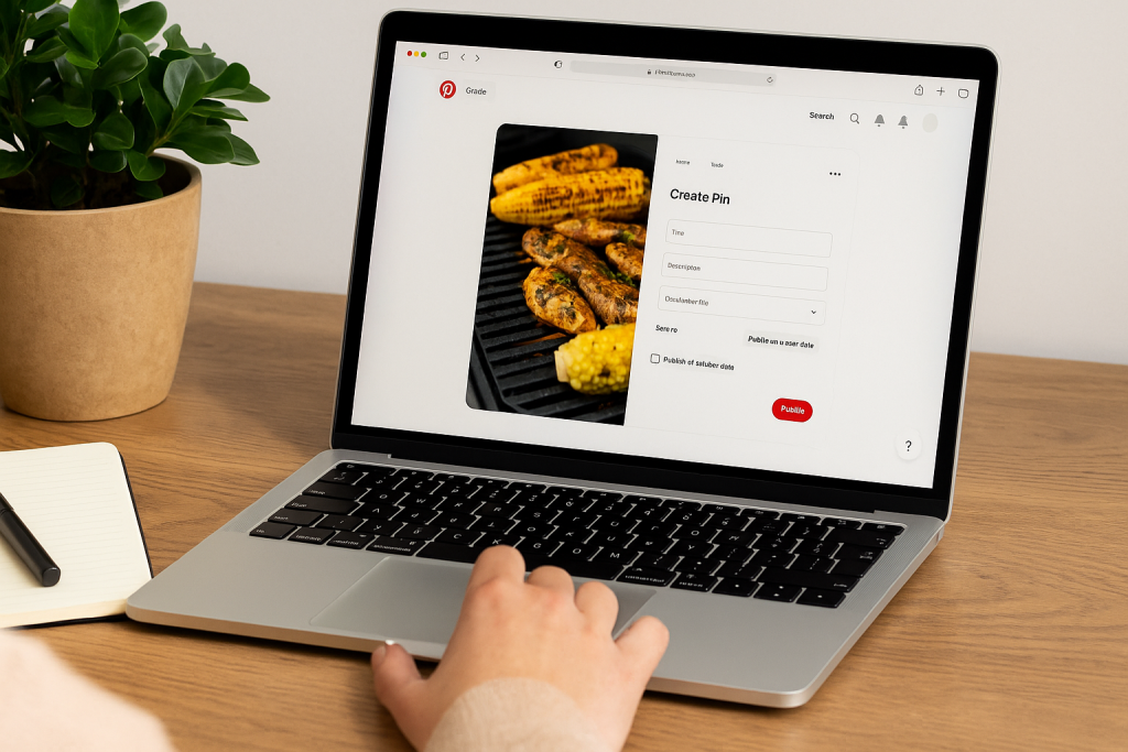 Person scheduling a Pinterest pin for grilled food using a laptop.