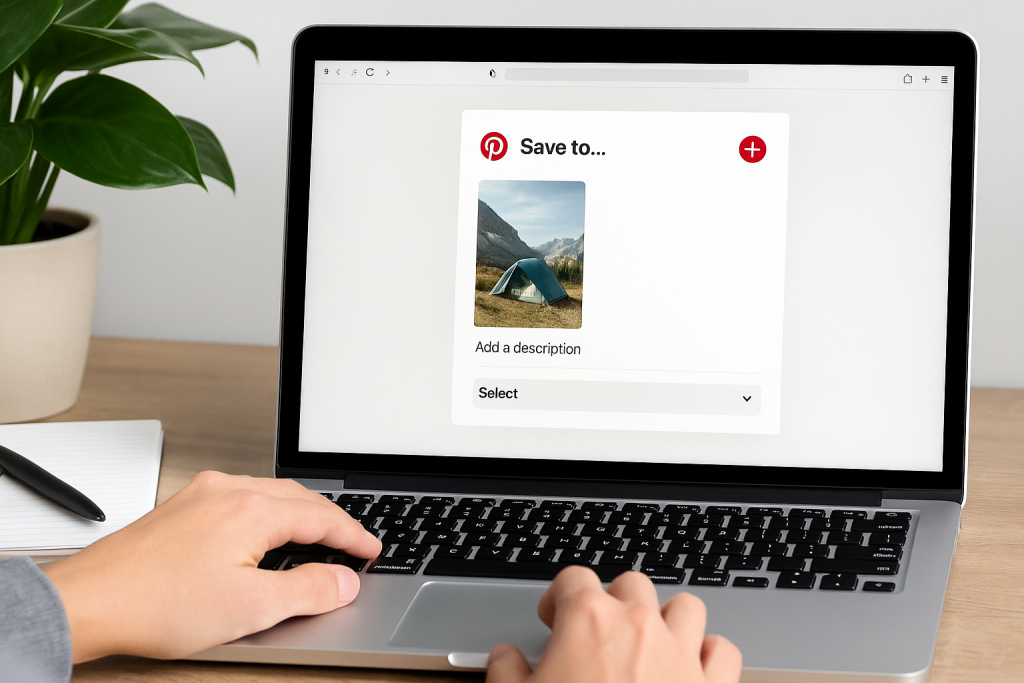 Person creating a Pinterest pin on a laptop with a camping image selected on screen.