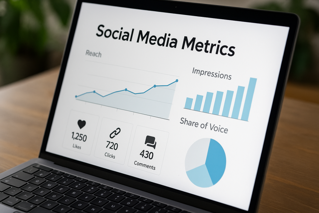 Dashboard displaying social media metrics including reach, impressions, share of voice, likes, clicks, and comments on a laptop screen