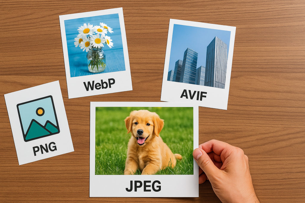 A digital photograph displays four printed photographs labeled JPEG, PNG, WebP, and AVIF on a wooden surface, each showing a representative image.