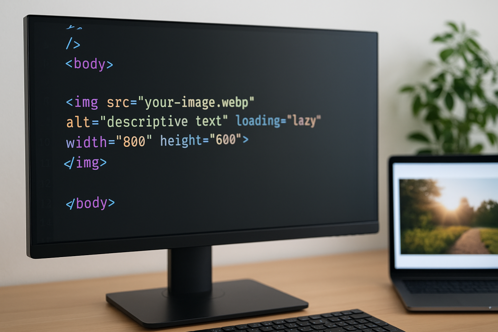 A digital photograph captures a computer monitor displaying HTML code with a lazy-loading image tag, beside a laptop showing a landscape photo, on a wooden desk with a potted plant in the background.