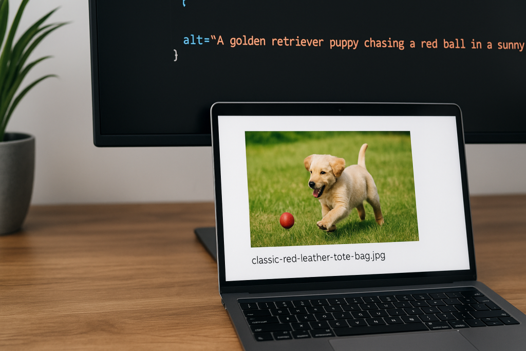 A digital photograph shows a computer workspace focused on image SEO, with a laptop displaying a golden retriever puppy chasing a red ball and a monitor showing HTML code with alt text.