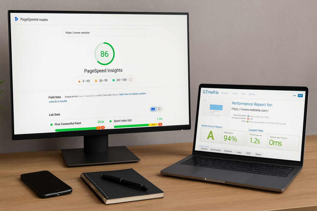 A digital photograph captures a workspace with a laptop displaying a website performance report, surrounded by a notebook, pen, and coffee mug, illustrating the process of measuring image optimization using analytics tools.