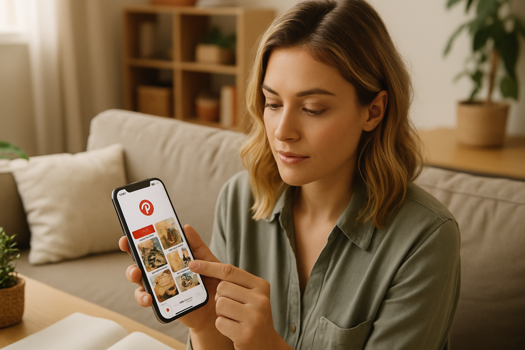 A young woman using a laptop at a cozy workspace, browsing a visually rich website.