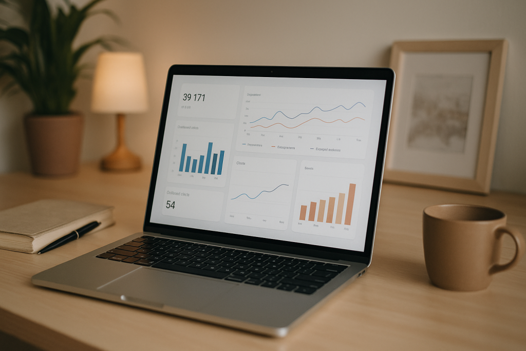 A digital photograph shows a MacBook Pro laptop with analytics graphs displayed on-screen, sitting on a wooden desk beside a notebook, pen, coffee mug, lamp, and a framed photo in a softly lit home office.
