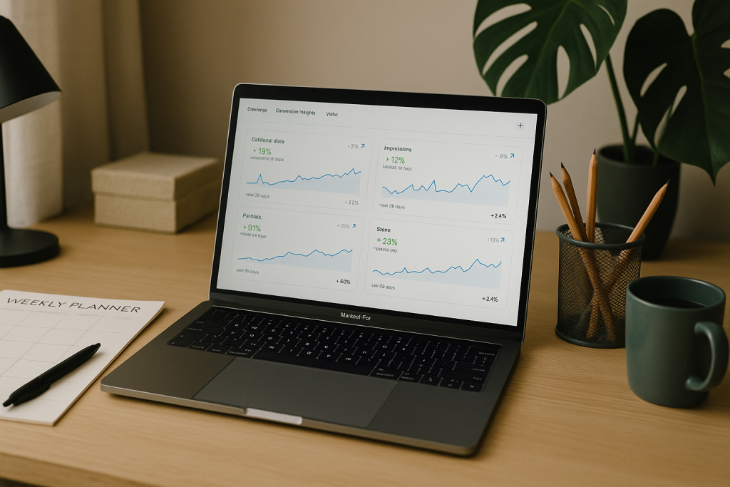 A photograph captures a workspace during daytime with a MacBook Pro displaying analytics charts, surrounded by a weekly planner, black pen, green coffee mug, and potted Monstera plant, all on a light wooden desk.