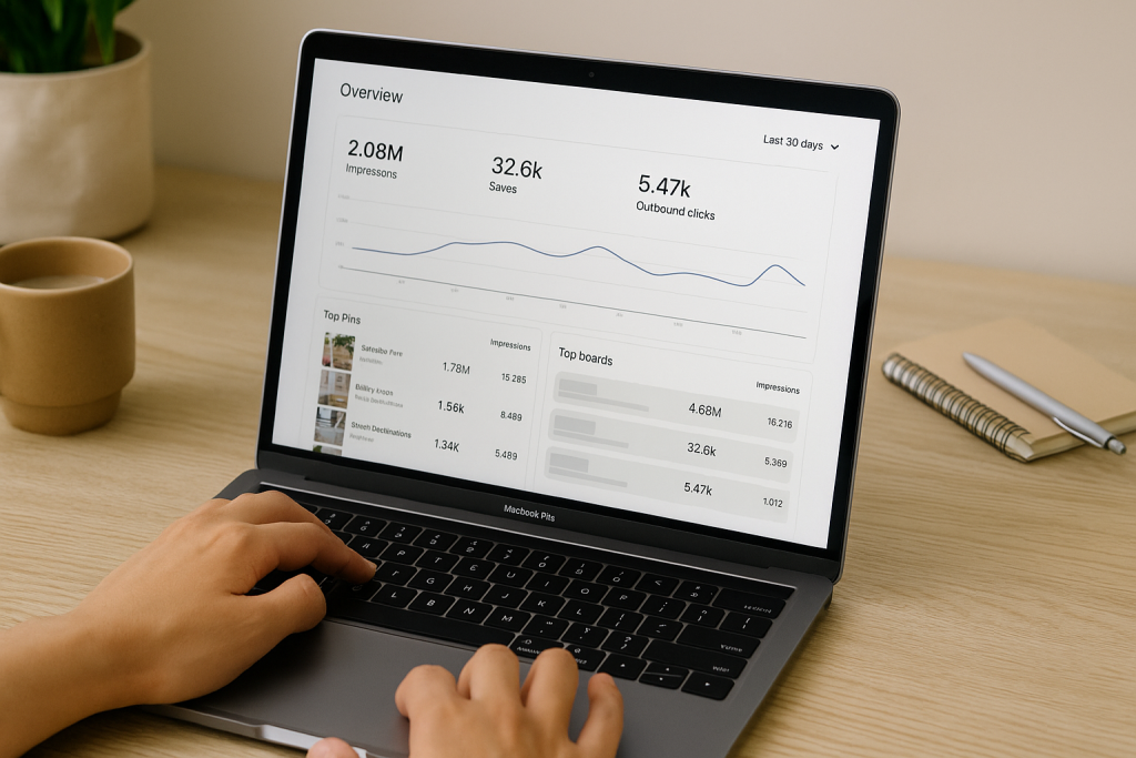 A photograph of a person analyzing Pinterest Analytics on a MacBook Pro at a modern desk with a coffee mug, notebook, and natural lighting.