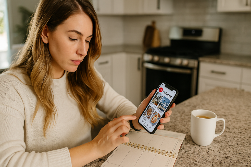 A woman browsing Pinterest on her smartphone while sitting at a kitchen counter with a coffee mug and planner nearby.