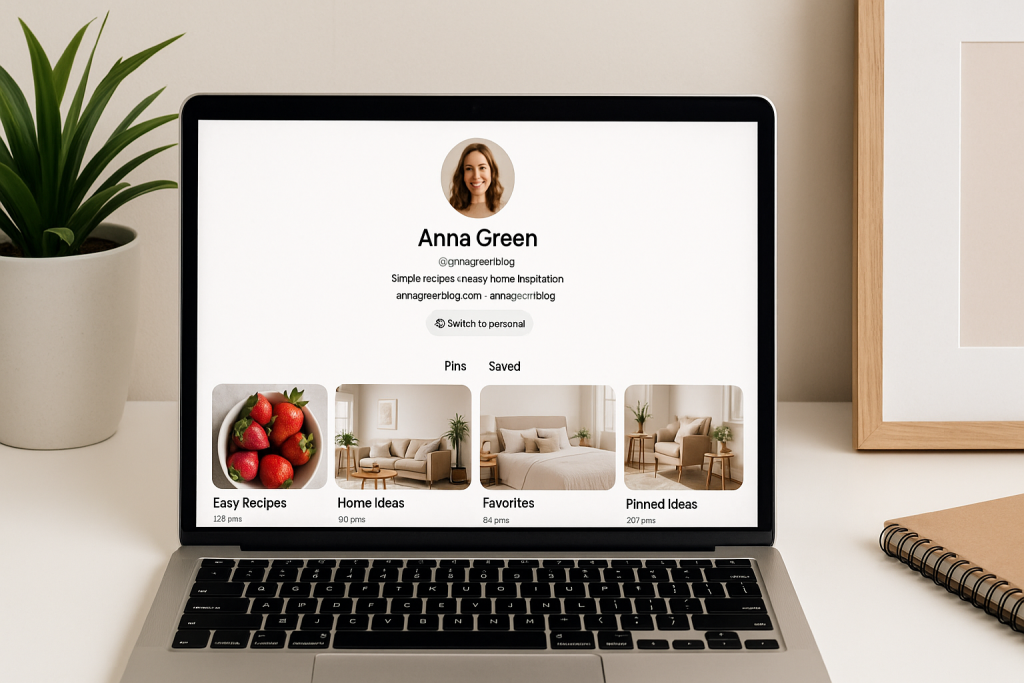 Laptop on a clean desk displaying a well-organized Pinterest business profile.