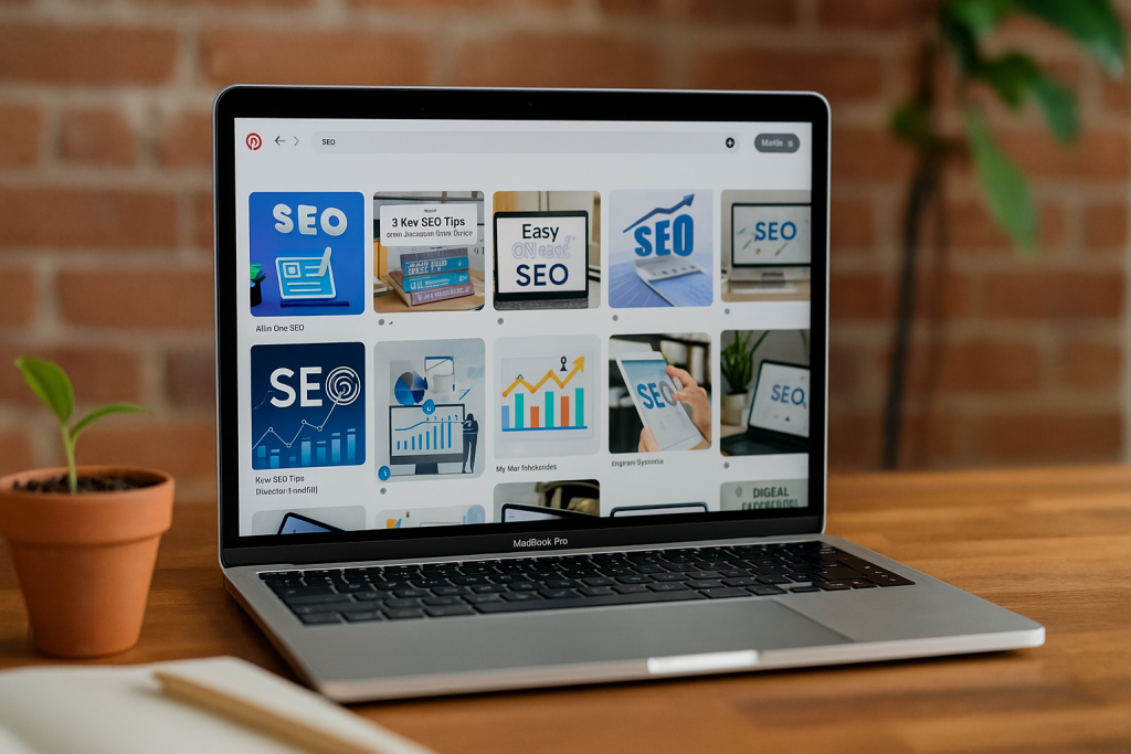 A photograph of a silver MacBook Pro laptop shows Pinterest's SEO search results on screen, with a notepad, pencil, and potted plant in the foreground.