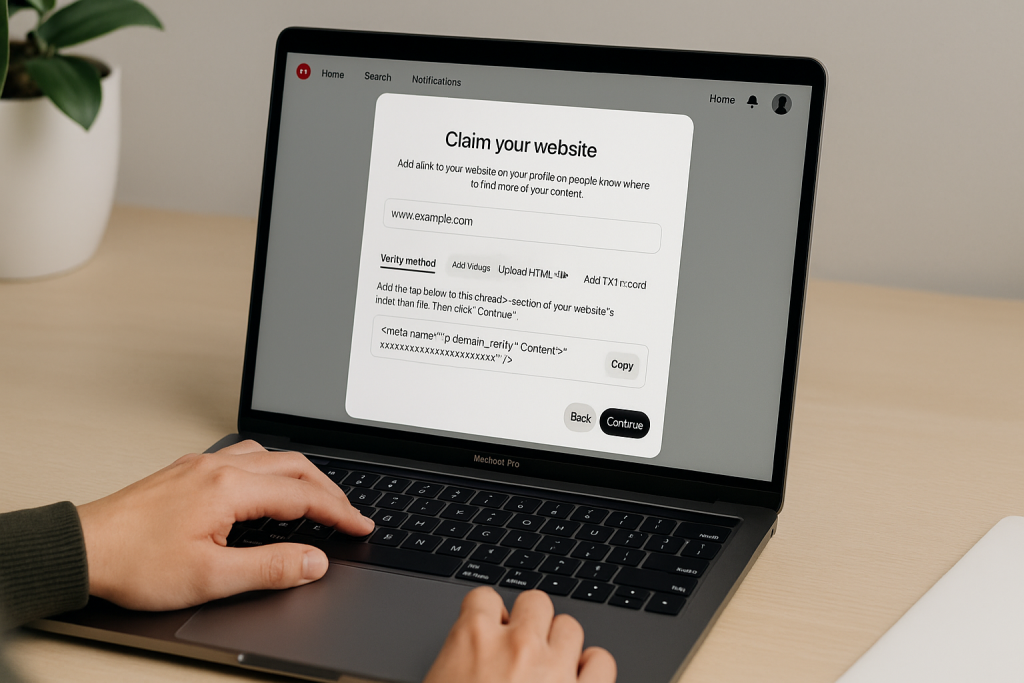 Hands on a laptop screen showing Pinterest’s “claim your website” verification page.