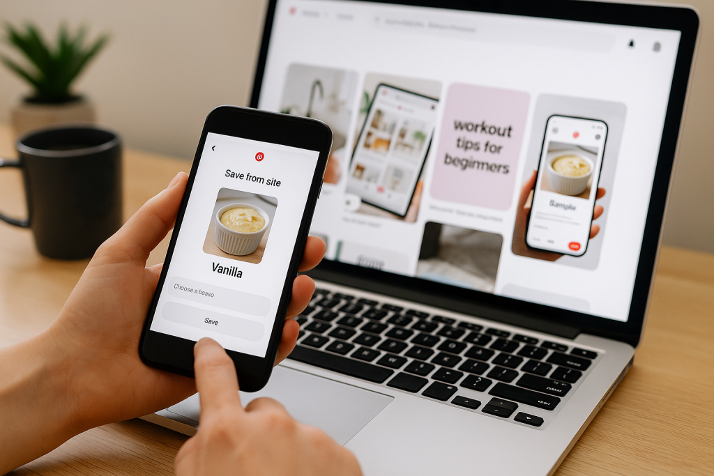 Person using a smartphone to save a new pin while Pinterest is open on a laptop.