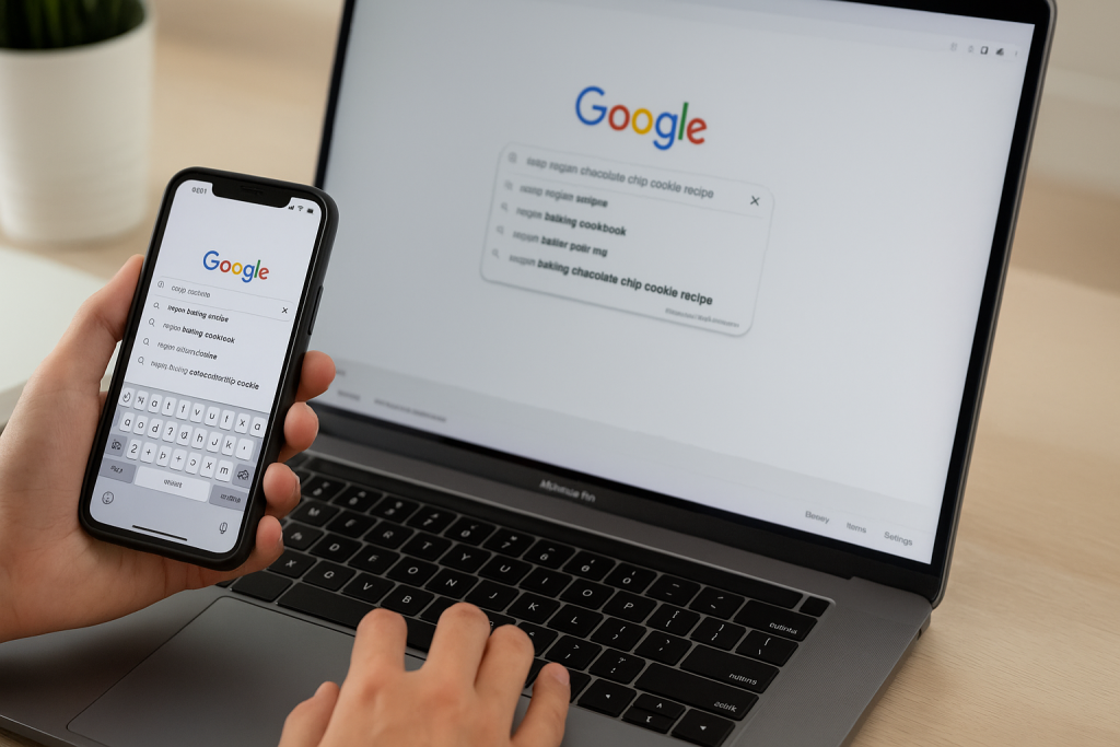 Person doing keyword research on Google using a laptop and smartphone.