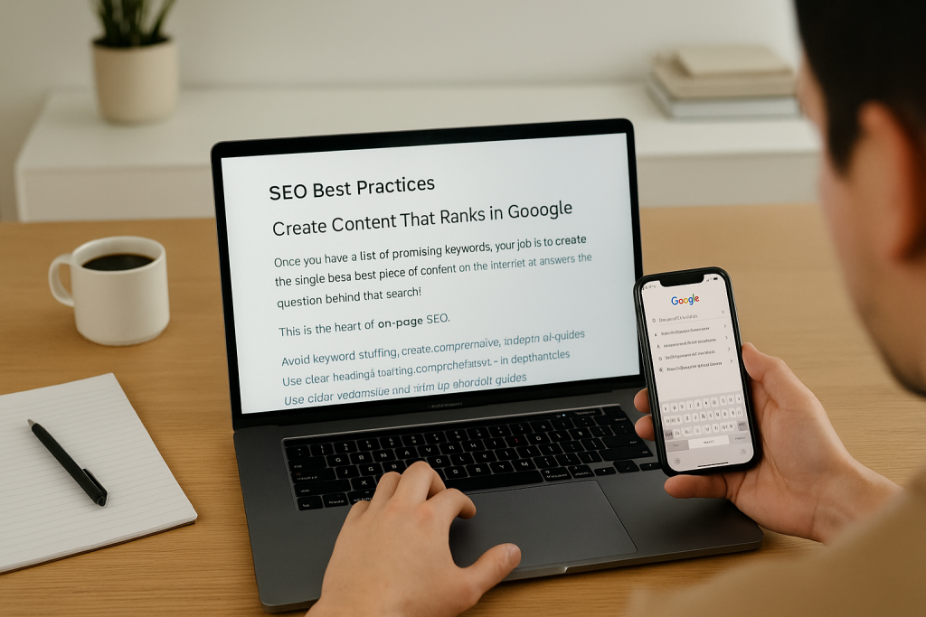 Person writing SEO content on a laptop while checking Google search results on their phone.