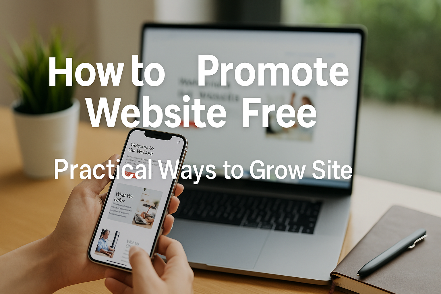 A person holding a smartphone with a website displayed, in front of an open laptop on a wooden desk with a plant, notebook, and pen nearby.