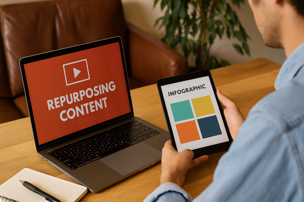 A high-resolution photo shows a person at a wooden desk working on a laptop and tablet, repurposing content into infographics in a cozy, natural-lit home office.