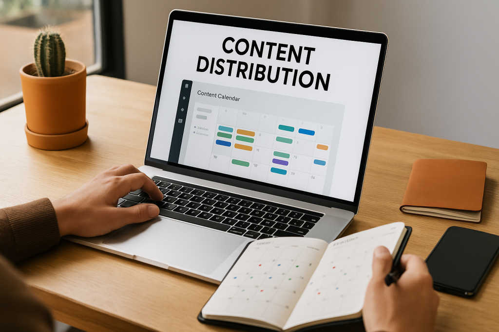 A photograph captures a person using content distribution software on a laptop while reviewing a paper calendar at a bright wooden desk.