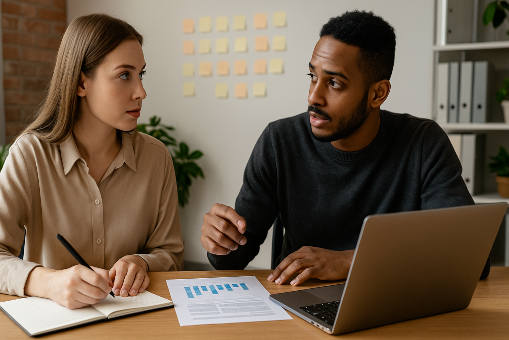 A young woman and man discussing content strategy at a desk with a laptop and printed graphs in a bright, modern office.
