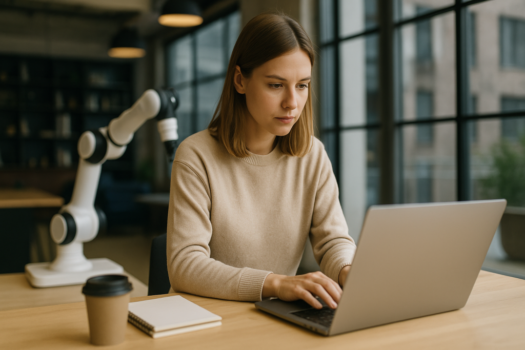 A woman works on a laptop at a modern desk beside a robotic arm in a tech-savvy, sunlit office.