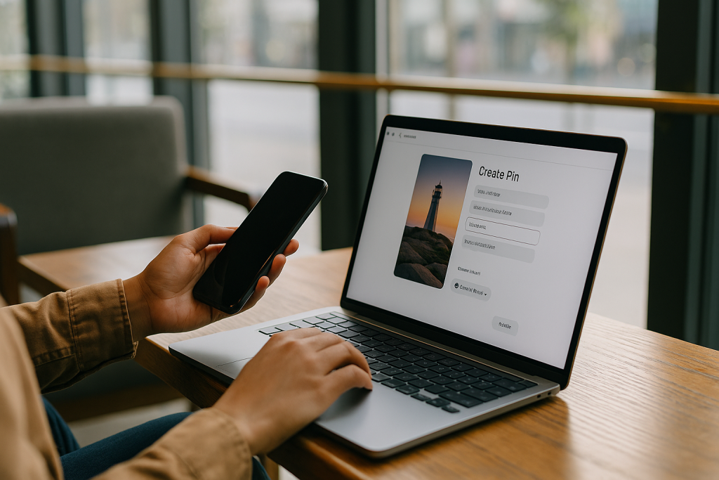 A person sitting in a bright café holding a smartphone and working on a MacBook Pro, creating a new Pinterest Pin featuring a lighthouse photo, with large windows and wooden furniture in the background.