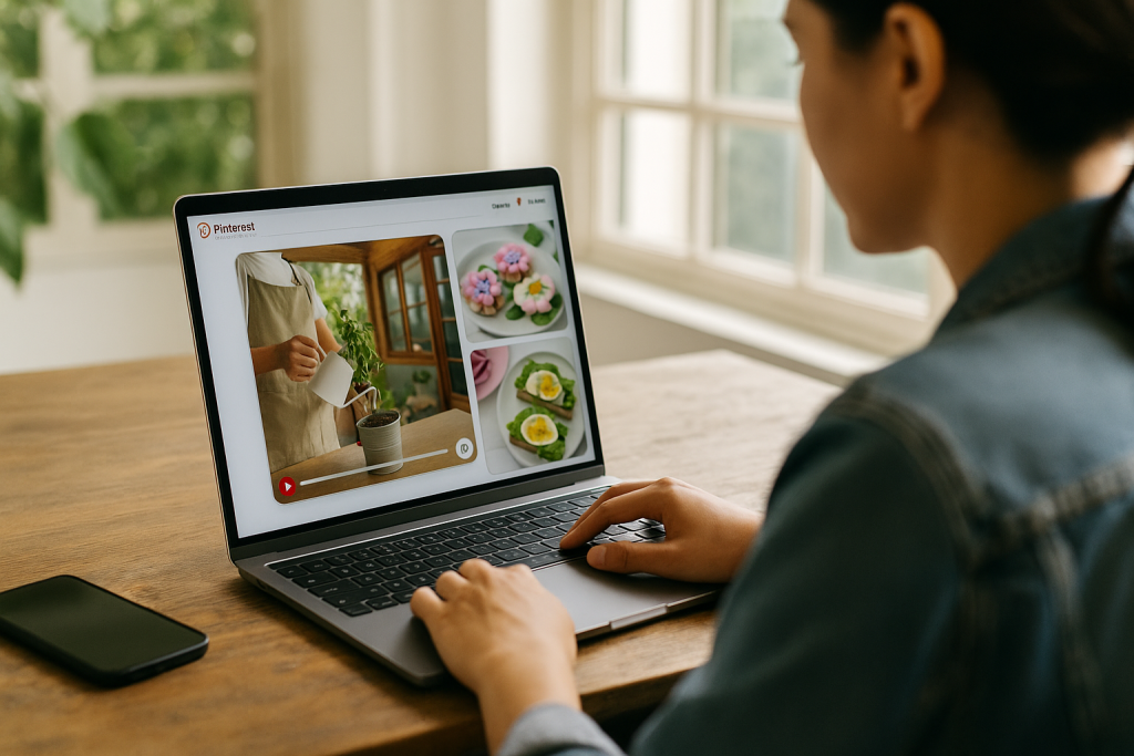 A woman working at a wooden table near large windows, browsing video and image Pins on Pinterest using a laptop, with a smartphone resting beside her.