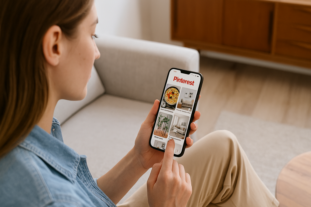 A woman sitting on a sofa using her smartphone to browse Pinterest, with home decor pins visible on the screen in a softly lit living room.