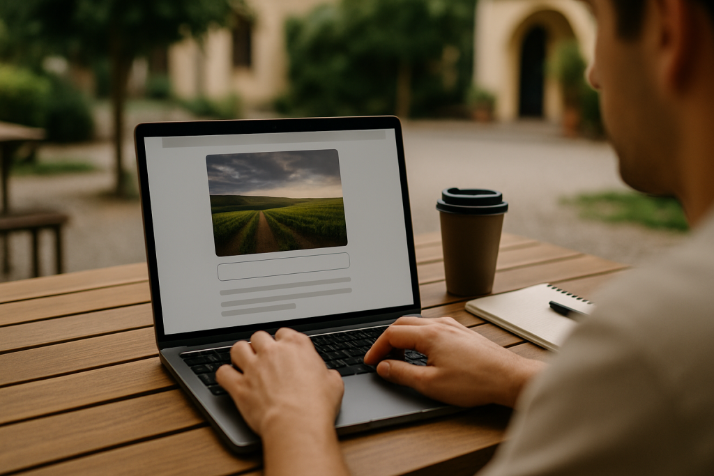 Person designing a Pinterest pin on a laptop at an outdoor table.
