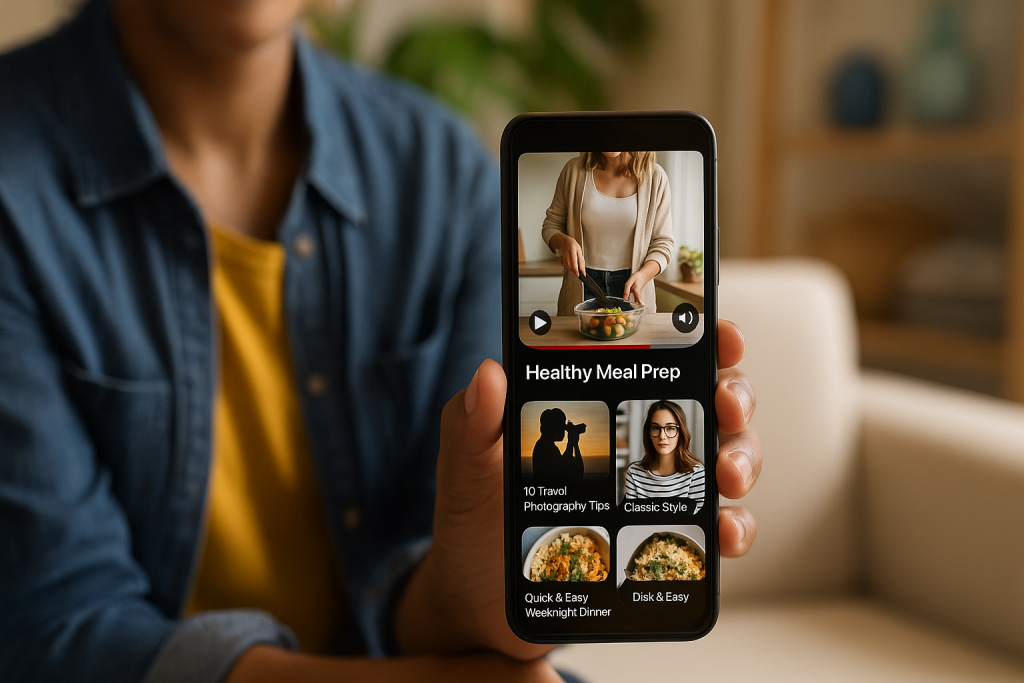 A person holding a smartphone in a cozy living room, watching a Pinterest video Pin titled "Healthy Meal Prep" with additional Pins displayed below.