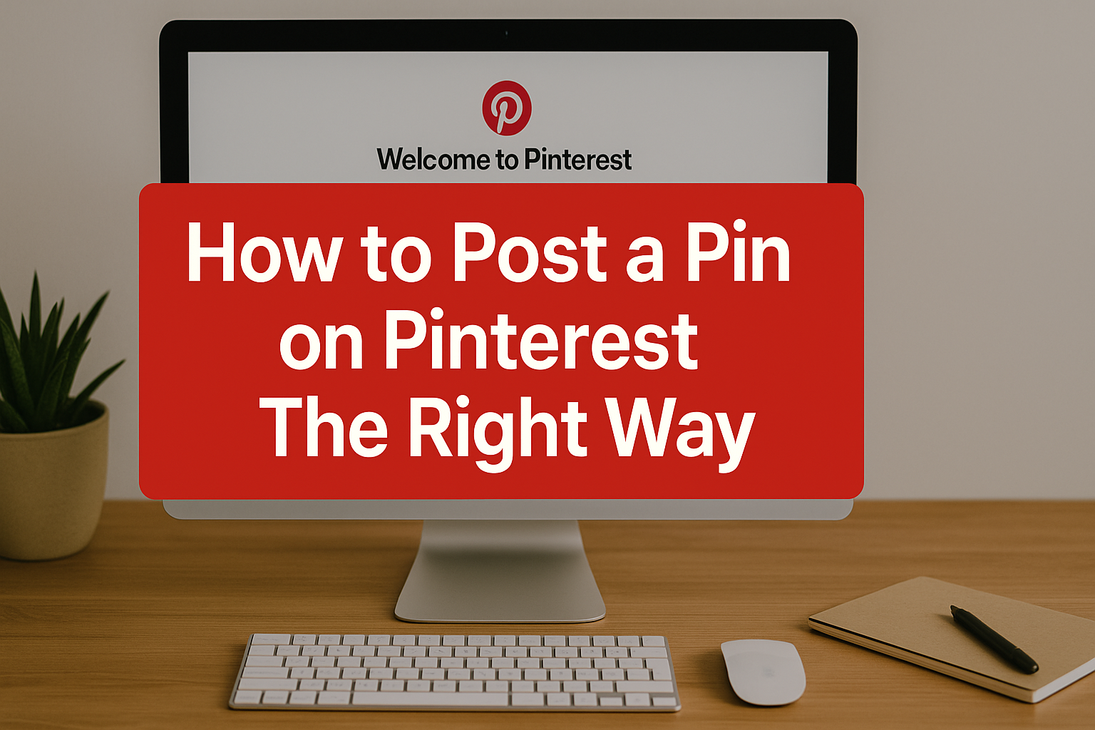 Desktop computer showing Pinterest with an overlay title about posting pins the right way.