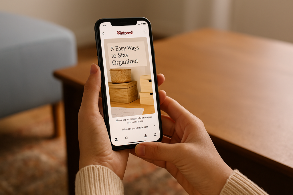 Hands holding a smartphone while browsing a Pinterest pin in a cozy living room.