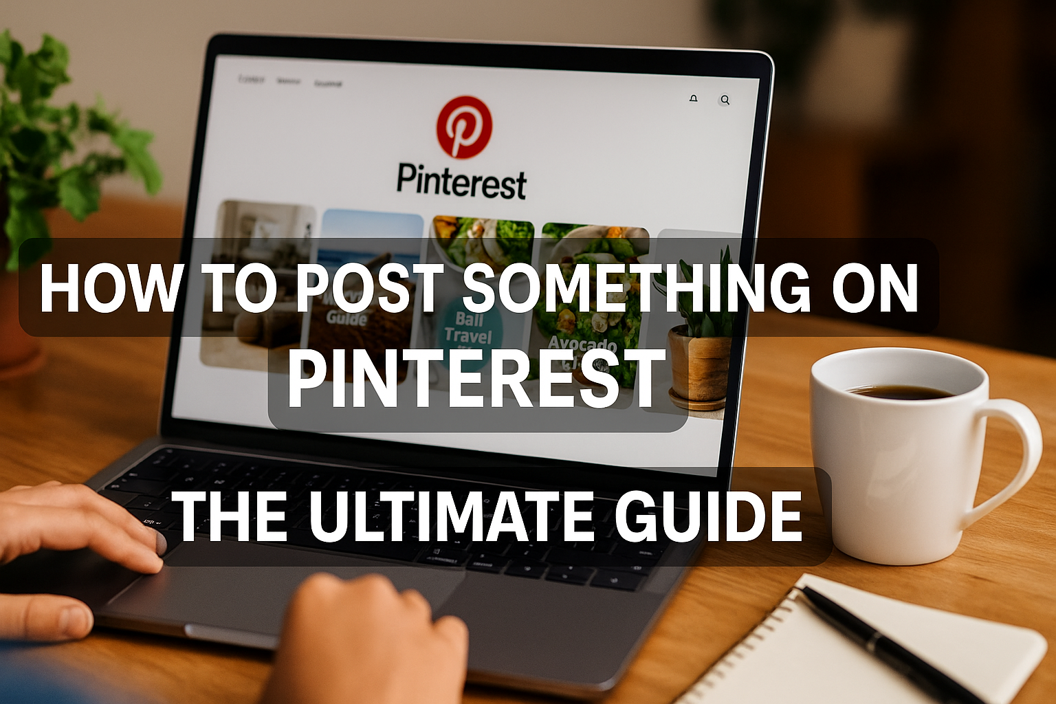A laptop on a wooden desk displays the Pinterest homepage, with a coffee mug, notebook, and plant nearby, and the title "How to Post Something on Pinterest: The Ultimate Guide" overlaid.