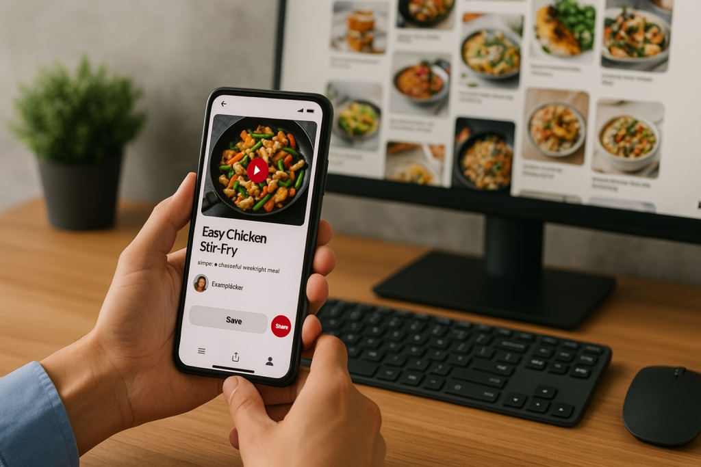 Person watching a Pinterest recipe video on their phone at a desk.
