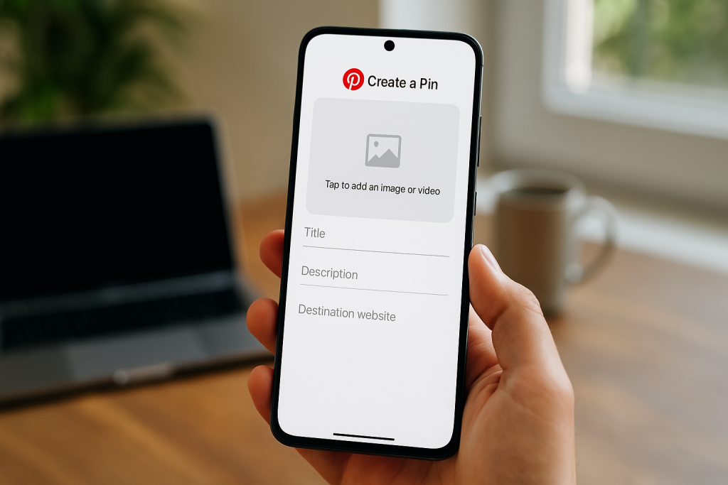 A person holding a smartphone displaying the Pinterest “Create a Pin” screen, with a blurred background of a laptop, coffee mug, and houseplant on a wooden table.