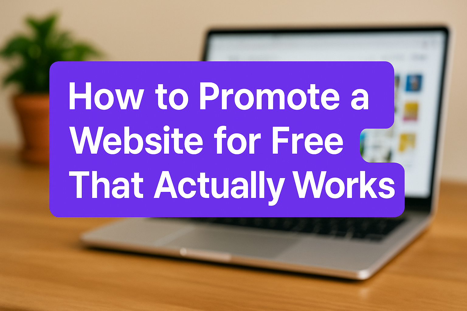 A digital graphic design features a bold headline over a blurred background of a laptop and wooden desk, with a potted plant visible in the corner.