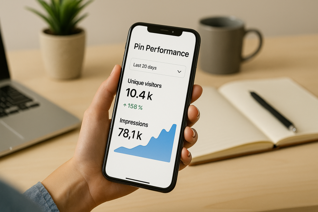 Hand holding smartphone with Pinterest pin performance analytics on a desk.