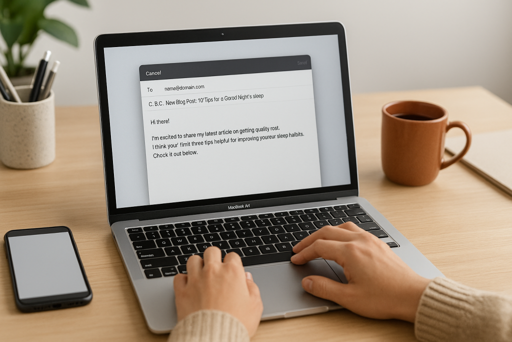 Person typing an outreach email on a laptop at a tidy desk.