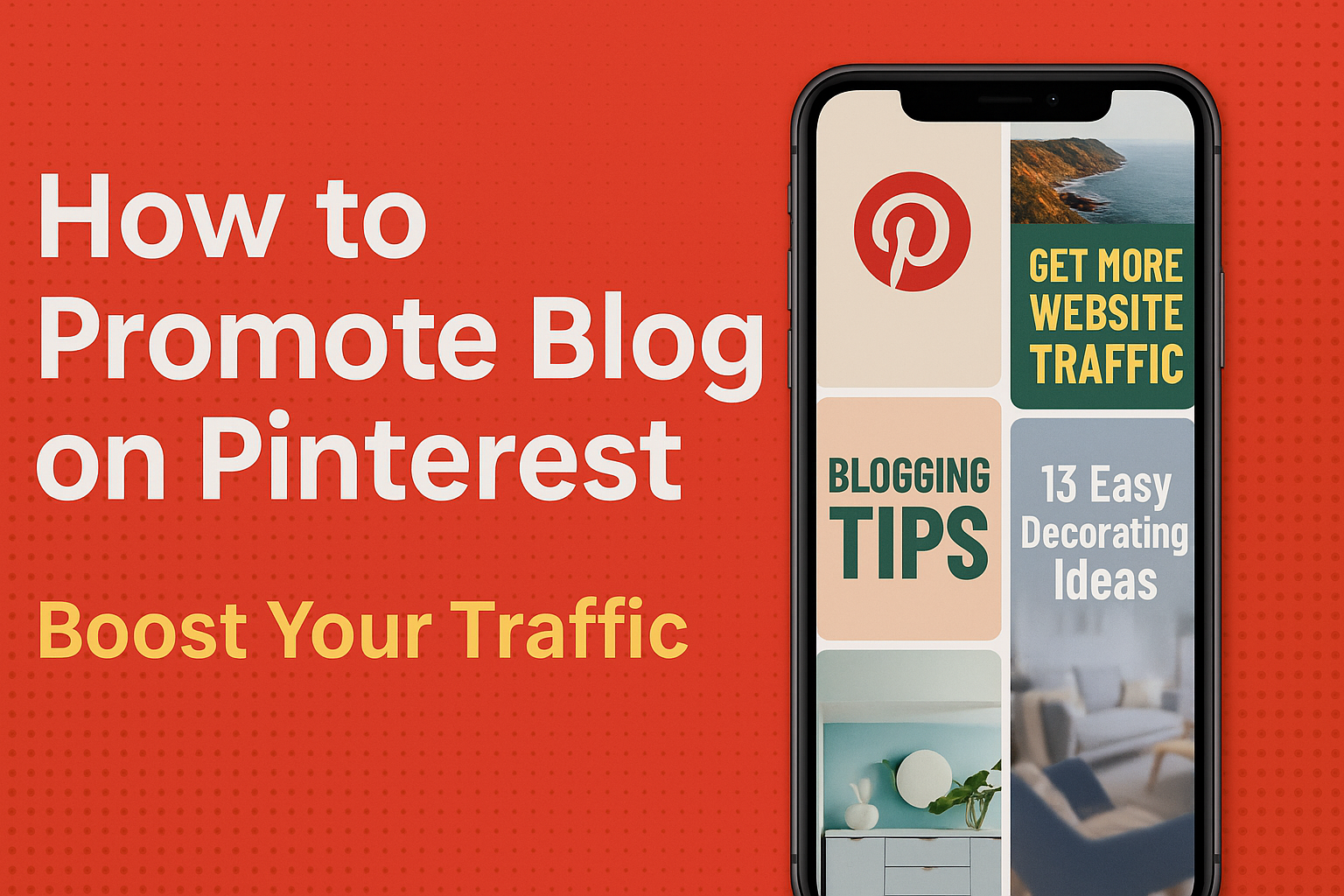 A smartphone screen displays Pinterest pin previews with various blog promotion themes, set against a red textured background.