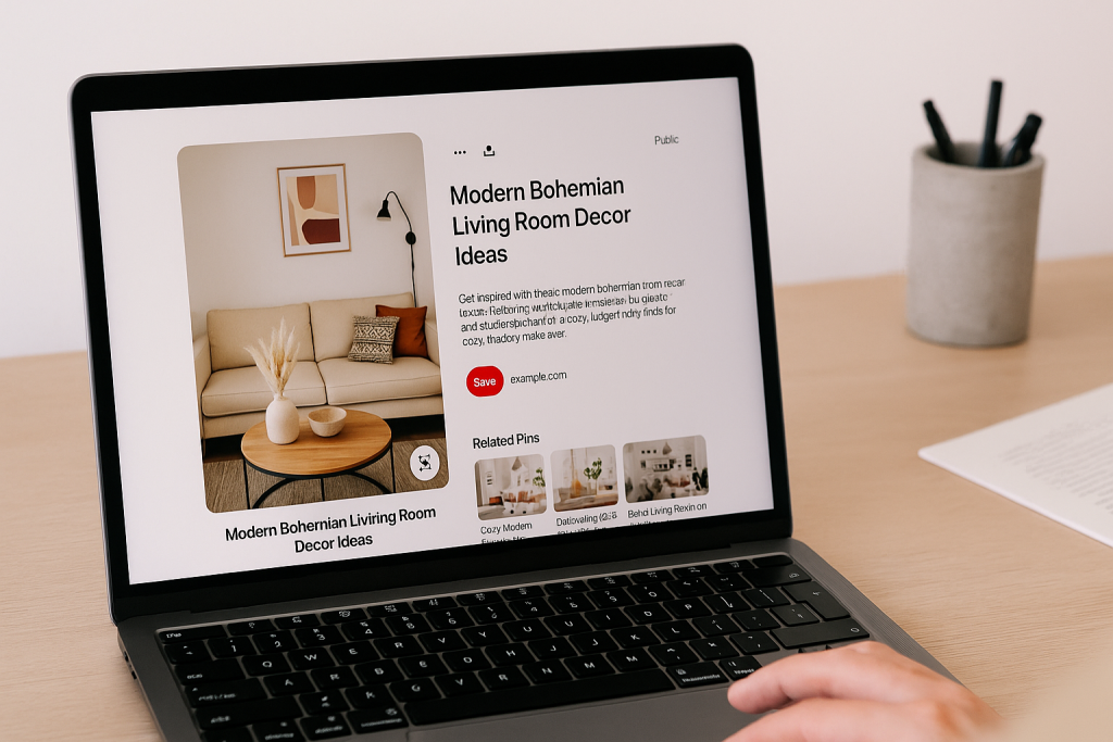 Hand on a laptop viewing a Pinterest-style pin preview in a clean workspace with a pen holder in the background.