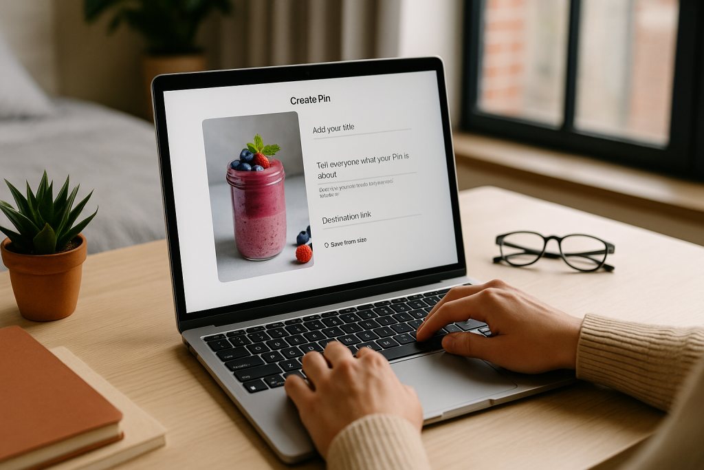 Person creating a Pinterest pin with a smoothie image on a laptop at a desk.
