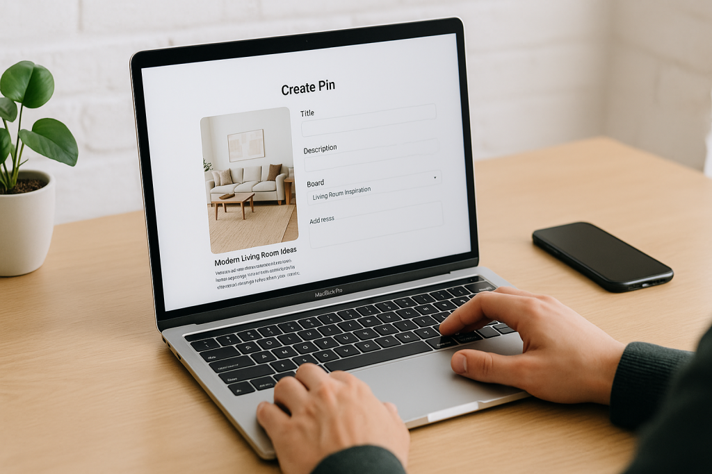 Hands typing on a laptop creating a Pinterest-style pin on a tidy wooden desk with a phone and plant nearby.