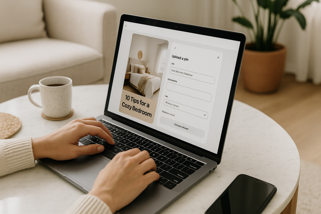 Hands typing on a laptop uploading a Pinterest-style pin on a marble coffee table in a bright, cozy living room.